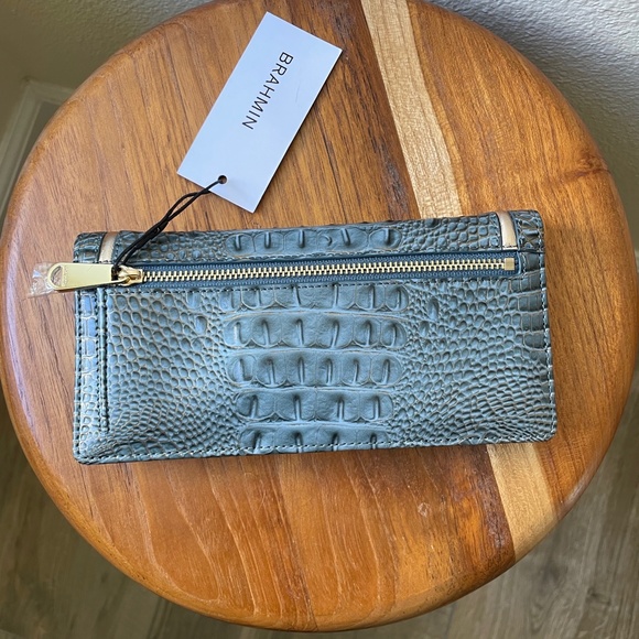 Brahmin Blue Bag + Wallet Marissa Satchel & Ady Wallet Slate Blue & Gold Leather - Picture 15 of 16